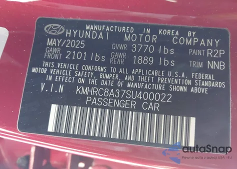 2025 Hyundai Venue Sel z USA, uszkodzony, nr VIN KMHRC8A37SU400022